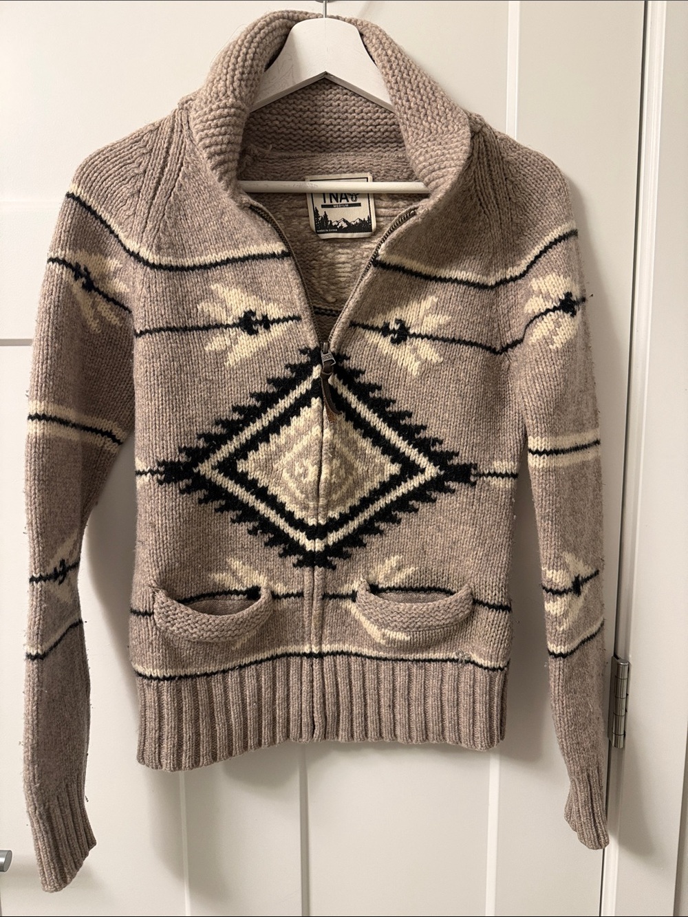 TNA Taupe Zip-Front Aztec Knit Cardigan